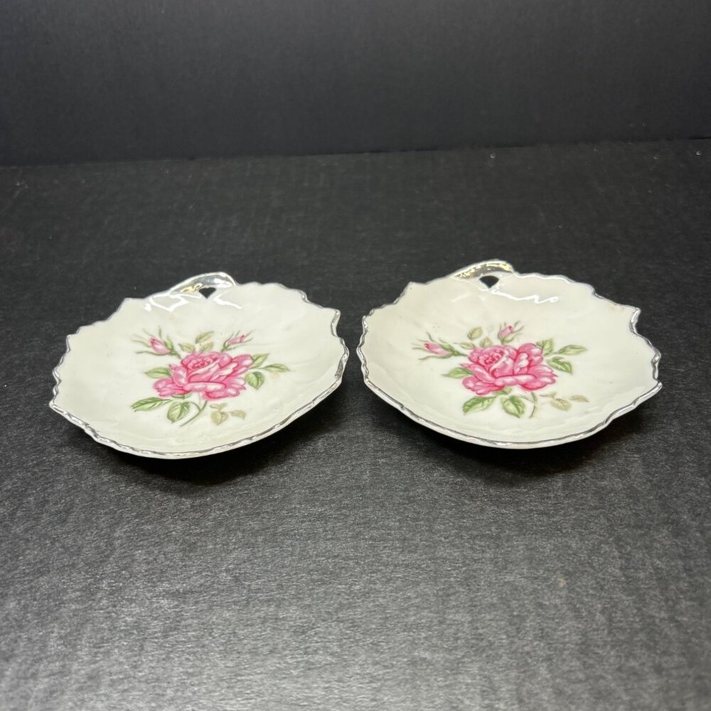 Vintage Japanese Leaf Shaped Trinket Candy Dish Floral White Silver Rimmed